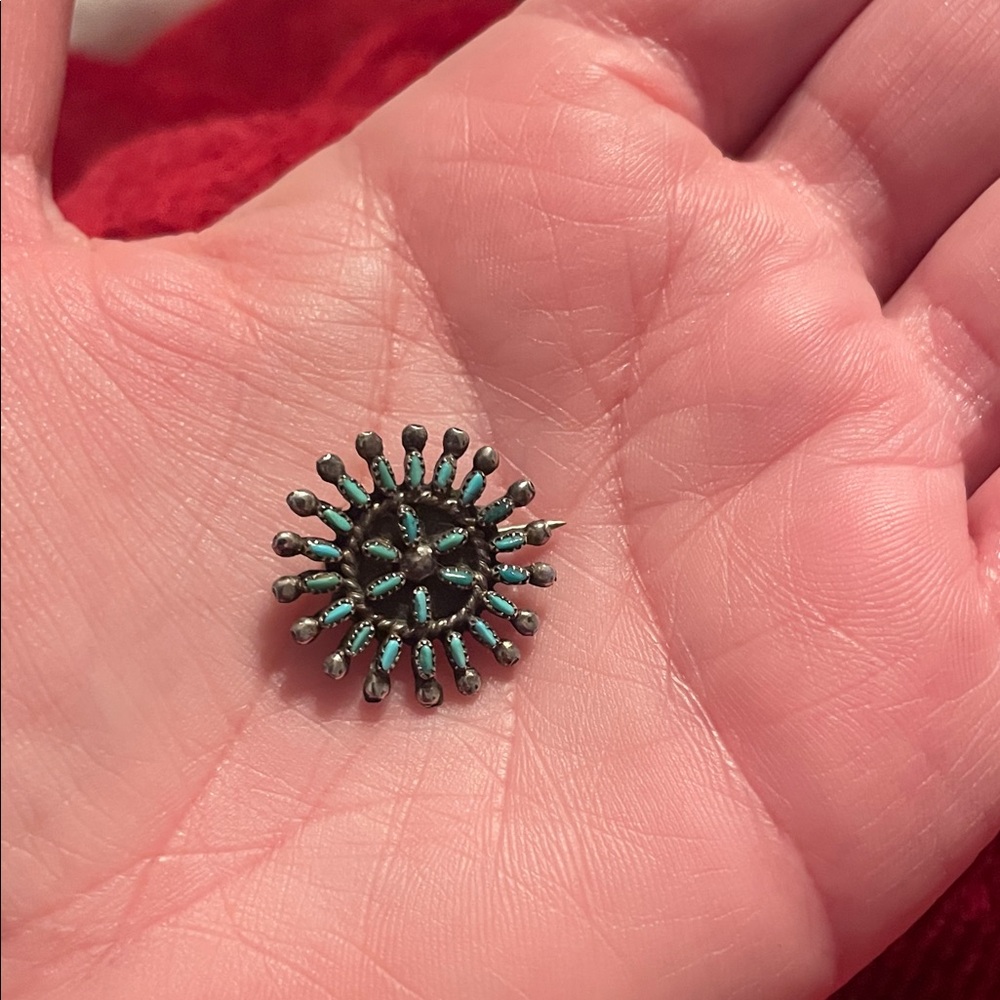 Zuni Sterling Silver Needle Point Turquoise Brooch Pin.